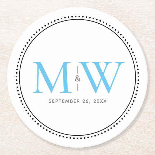 Elegant Sky Blue Monogram Wedding Runder Pappuntersetzer (Vorderseite)