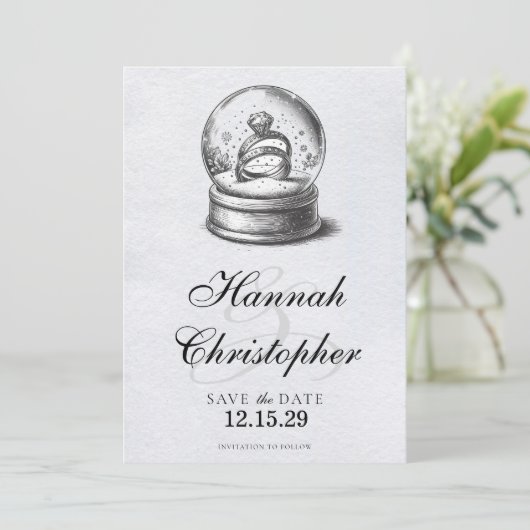 Elegant Snow Globe Wedding Rings Save The Date (Stehend Vorderseite)