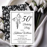 Elegant Snowdrops 50. Geburtstagsparty Einladung<br><div class="desc">Elegantes Schneeabenteuer-Blumendesign "50th Birthday Party" mit einem Blumenmotiv im Schneefall mit schwarz-weißem Schneefallmuster hinten.</div>