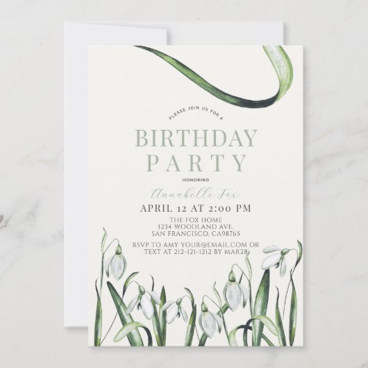 Elegant Snowdrops Wasserfarbener Erwachsene Geburt Einladung (Vorderseite)
