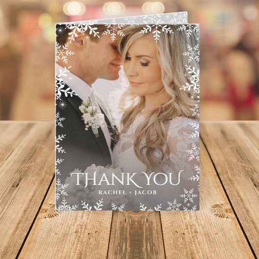 Elegant Snowflake 2-Photo Winter Wedding Thank You Dankeskarte