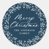 Elegant Snowflake Wreath Navy Frohe Weihnachten Runder Aufkleber (Vorderseite)