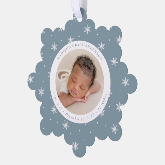 Elegant Snowflakes Blue Baby's First Christmas Ornament Karte (Linke Ecke)