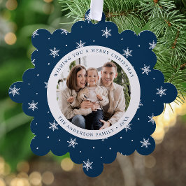 Elegant Snowflakes Navy 2 Photo Holiday Ornament Karte