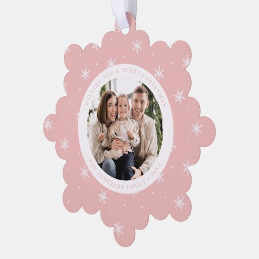Elegant Snowflakes Pink 2 Photo Holiday Ornament Karte (Linke Ecke)