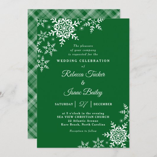 Elegant Snowflakes Plaid Forest Green Wedding Einladung (Vorne/Hinten)