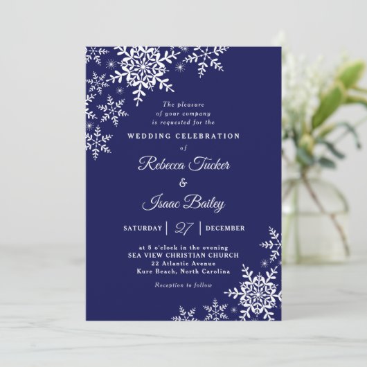 Elegant Snowflakes Plaid Navy Blue Wedding Einladung (Stehend Vorderseite)