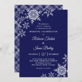 Elegant Snowflakes Plaid Navy Blue Wedding Einladung (Vorne/Hinten)
