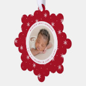 Elegant Snowflakes Red Baby's First Christmas Ornament Karte (Linke Ecke)