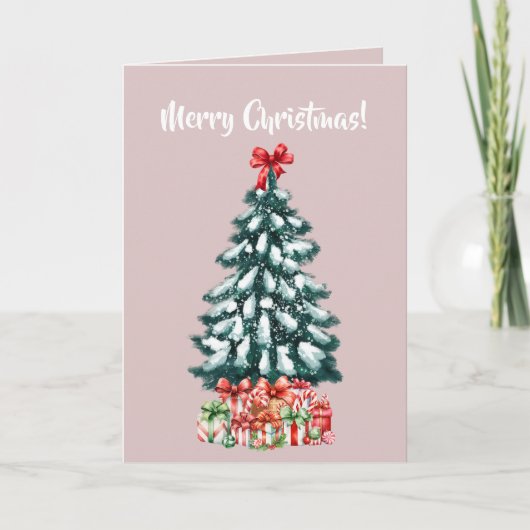 Elegant Snowy Christmas Tree Pink Karte (Vorderseite)