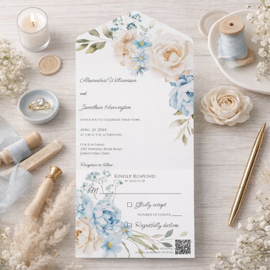 Elegant Soft Blue Floral Wedding All In One Einladung
