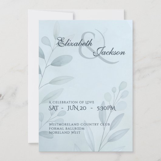 Elegant Soft Cool Blue Botanical Script Wedding  Einladung (Vorderseite)