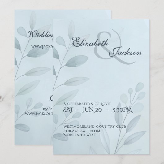 Elegant Soft Cool Blue Botanical Script Wedding  Einladung (Vorne/Hinten)