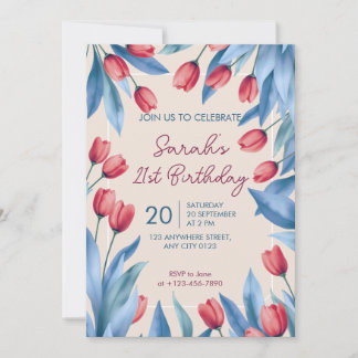 Elegant Soft Floral Tulip 21st Birthday Invitation Einladung