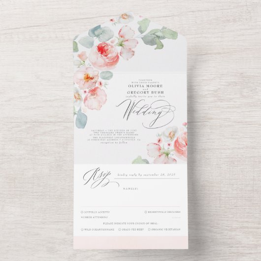 Elegant Soft Pink Blume Boho Wedding All In One Einladung (Innen Boden)