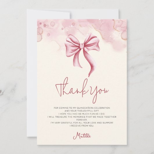 Elegant Soft Pink Bow Quinceanera Dankeskarte (Vorderseite)