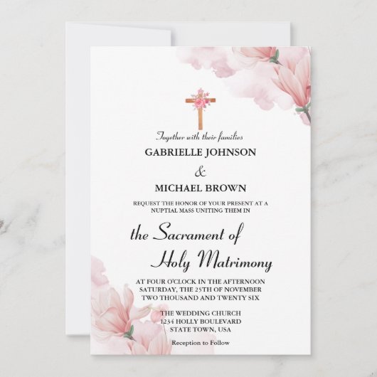 Elegant Soft Pink floral katholische Wed Nuptial M Einladung (Vorderseite)