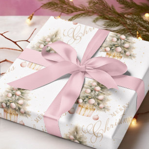 Elegant Soft Pink Watercolor Frohe Weihnachtsbaum Geschenkpapier