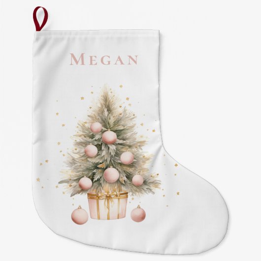 Elegant Soft Pink Watercolor Frohe Weihnachtsbaum Großer Weihnachtsstrumpf (Vorderseite)