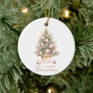 Elegant Soft Pink Watercolor Frohe Weihnachtsbaum Keramik Ornament