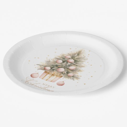 Elegant Soft Pink Watercolor Frohe Weihnachtsbaum Pappteller (Schrägansicht)