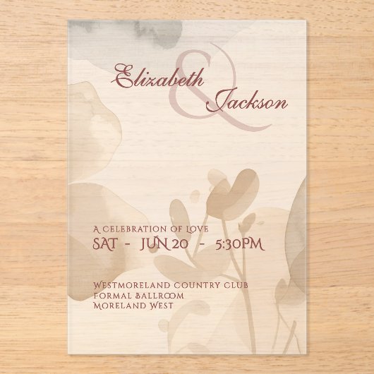 Elegant Soft Romantic Botanical Script Wedding  Acryleinladungen (Vorderseite)