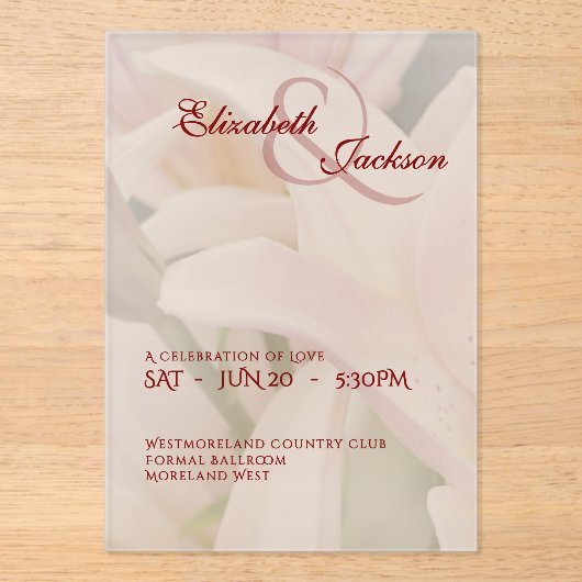 Elegant Soft Romantic Floral Lily Script Wedding Acryleinladungen (Vorderseite)