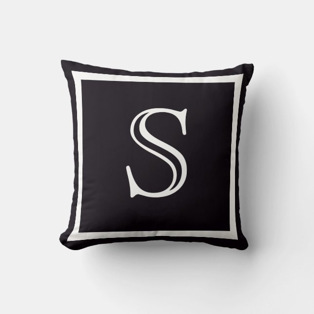 Elegant Solid Black and White Mit Monogramm Kissen (Vorderseite)