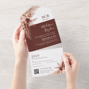 Elegant Solid Burnt Orange Pampas QR Code Wedding All In One Einladung