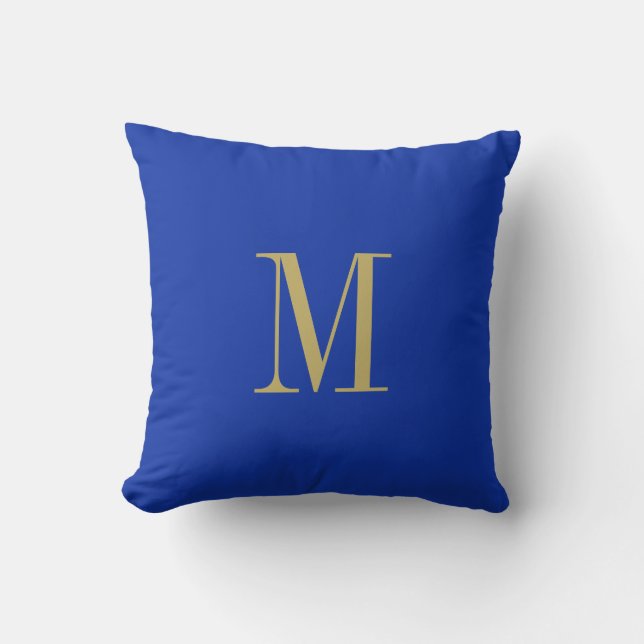 Elegant Solid Royal Blue mit Gold Monogram Kissen (Vorderseite)