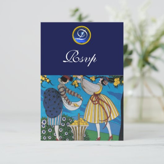 ELEGANT SOMMER GARDEN PARTY SAPPHIRE GEM MONOGRAM EINLADUNG (Stehend Vorderseite)