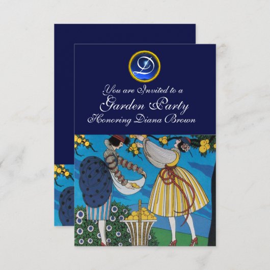 ELEGANT SOMMER GARDEN PARTY SAPPHIRE GEM MONOGRAM EINLADUNG (Vorne/Hinten)