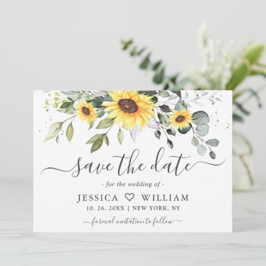 Elegant Sonnenblumen Eukalyptus Greenery Wedding S Save The Date (Stehend Vorderseite)
