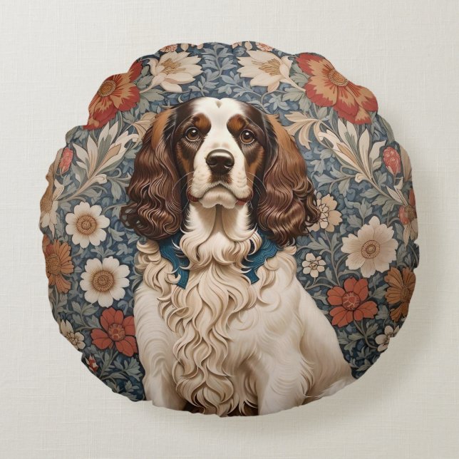 Elegant Spaniel William Morris Inspirierte floral Rundes Kissen (Vorderseite)