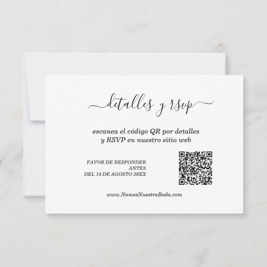 Elegant Spanish Boda QR code Detalles Y UAWG RSVP Karte (Rückseite)