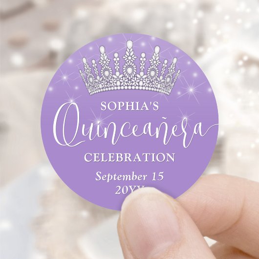 Elegant Sparkles Quinceañera Crown Lilac Purple Runder Aufkleber