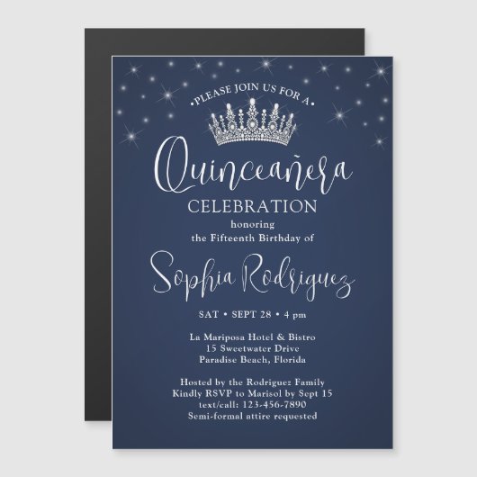 Elegant Sparkles Quinceañera Crown Navy Blue Magneteinladung (Vorne/Hinten)