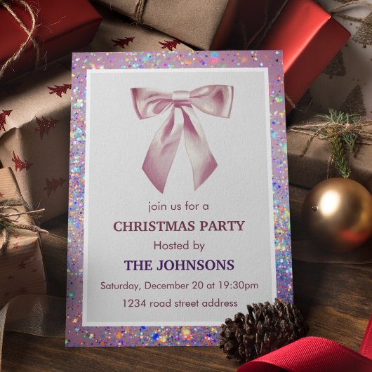 Elegant Sparkling Bow Christmas Party Invitation Einladung