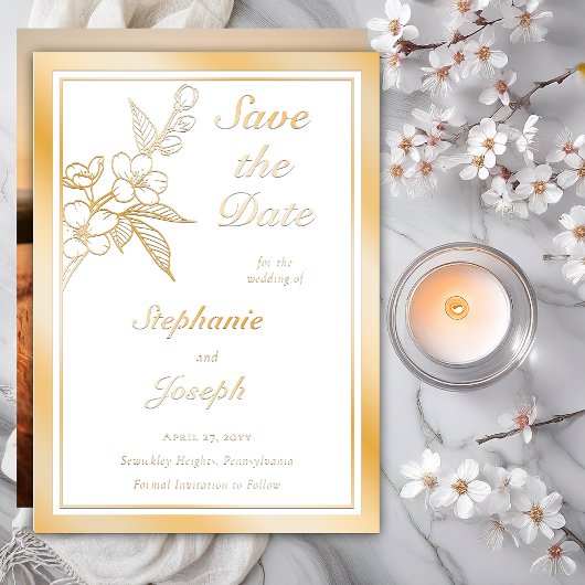 Elegant Spring Blossoms Photo White Save the Date Folieneinladung