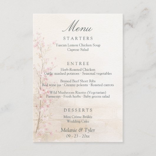 Elegant Spring Botanical Wedding Menu Card Begleitkarte (Vorderseite)