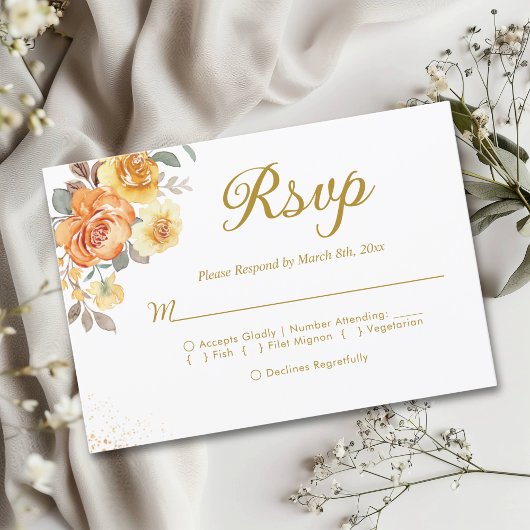 Elegant spring orange flowers with Golden tones RSVP Karte