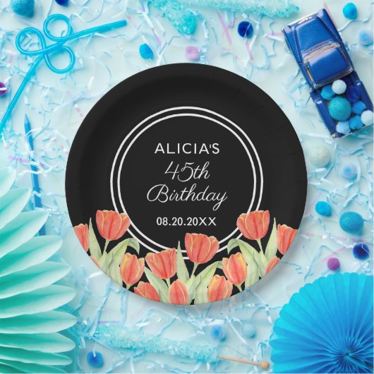 Elegant Spring Red Tulip Flora Black 45. Pappteller (Party)