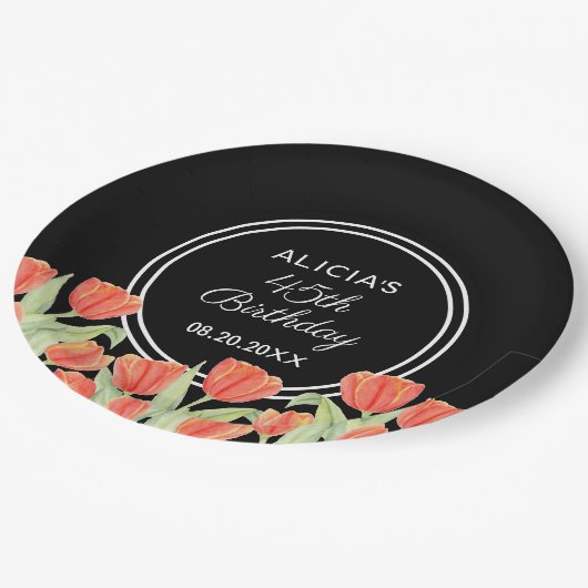 Elegant Spring Red Tulip Flora Black 45. Pappteller (Schrägansicht)