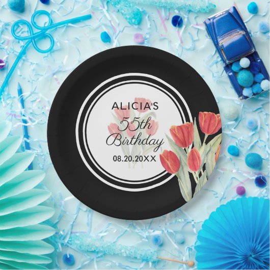 Elegant Spring Red Tulip Flora Black 55. Geburtsta Pappteller (Party)