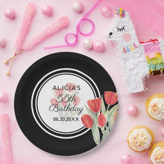 Elegant Spring Red Tulip Flora Black 55. Geburtsta Pappteller (Party)