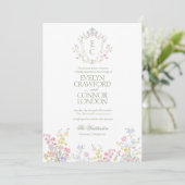 Elegant Spring Summer Wildflowers Crest Wedding Einladung (Stehend Vorderseite)