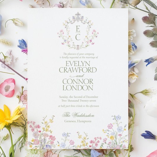 Elegant Spring Summer Wildflowers Crest Wedding Einladung