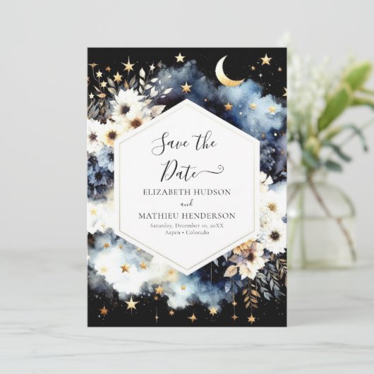 Elegant Stars Celestial Wedding Save The Date (Stehend Vorderseite)