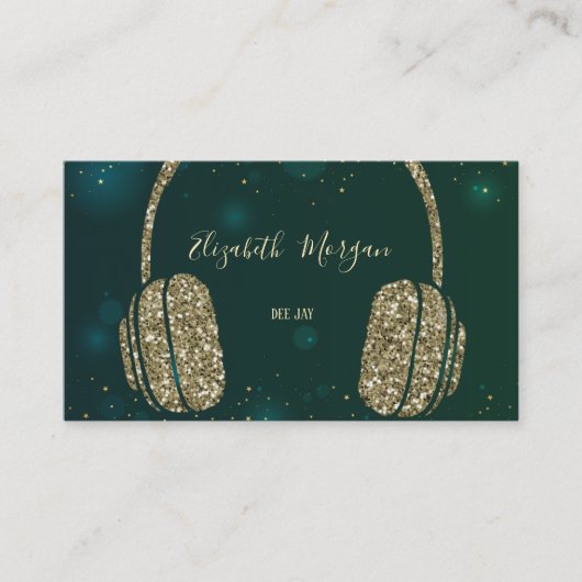 Elegant Stars Green Glitzer Headphone DJ Visitenkarte (Vorderseite)