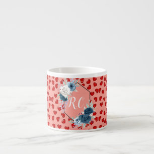 Elegant Staubblau Blumen & Rote Herzen Monogrammie Espressotasse